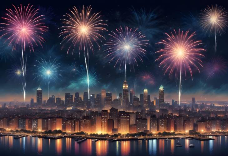 Cityscape Under Fireworks Vibrant Explosions Lighting Up the Night Sky