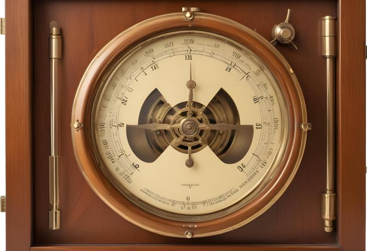 Classic Antique Barometer with Yellow Metal Mechanism, Isolated in Wooden Case on White Background