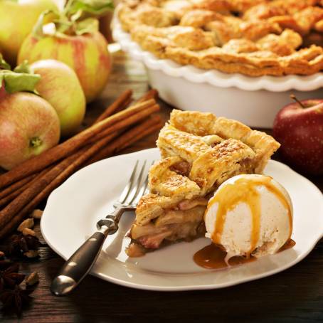 Classic Apple Pie Slice with Vanilla Ice Cream Scoop