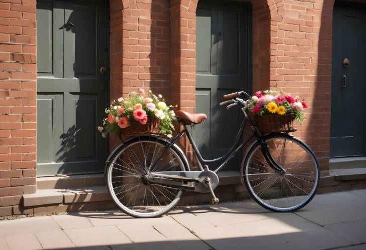 Classic Bicycle Against a Brick Wall with a Basket of Vibrant Flowers and a Bright Alleyway Scene