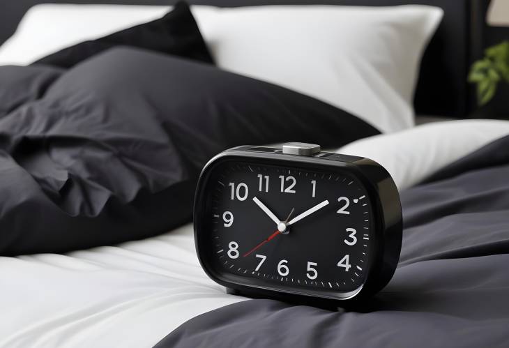 Classic Black Alarm Clock on Bedside  Modern Bedroom Setup with Stylish Timepiece