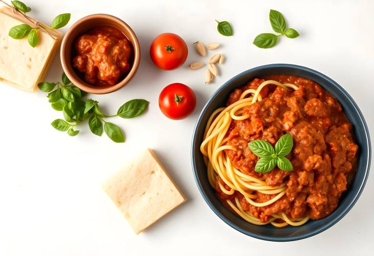 Classic Bolognese Sauce Italian Recipe with Ingredients on a Light Background