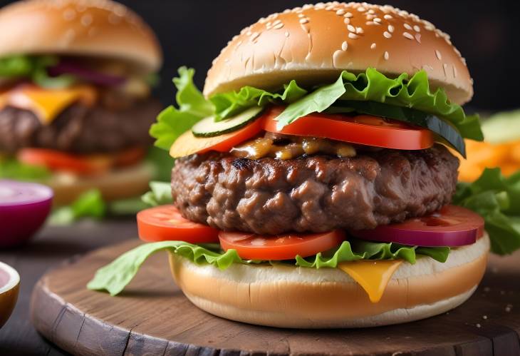 Classic Burger Close Up Beef Patty with Fresh Vegetables