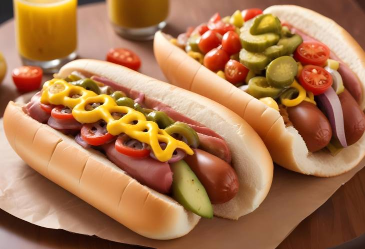 Classic Chicago Style Hot Dog All Beef Frank with Mustard, Relish, Onions, Tomatoes, and Pickles,