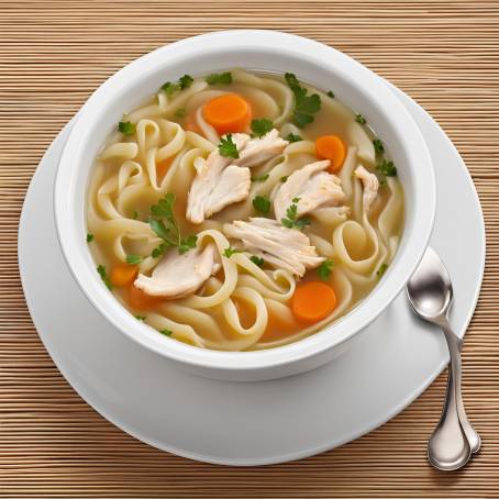 Classic Chicken Noodle Soup Broth Isolated on White Comforting and Savory, Simple and Delicious