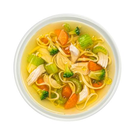 Classic Chicken Noodle Soup Broth Isolated on White, Warm and Savory Comfort Food, Homemade