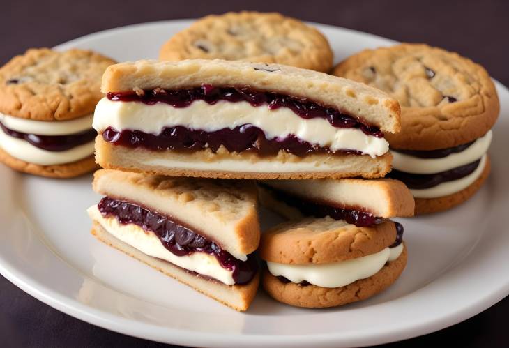 Classic Cookie Sandwiches with Sweet Jam, Rich Chocolate, and Creamy Filling