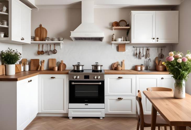 Classic Kitchen with White Cabinets, Wooden Countertop, Vintage Fridge, and Modern Accessories