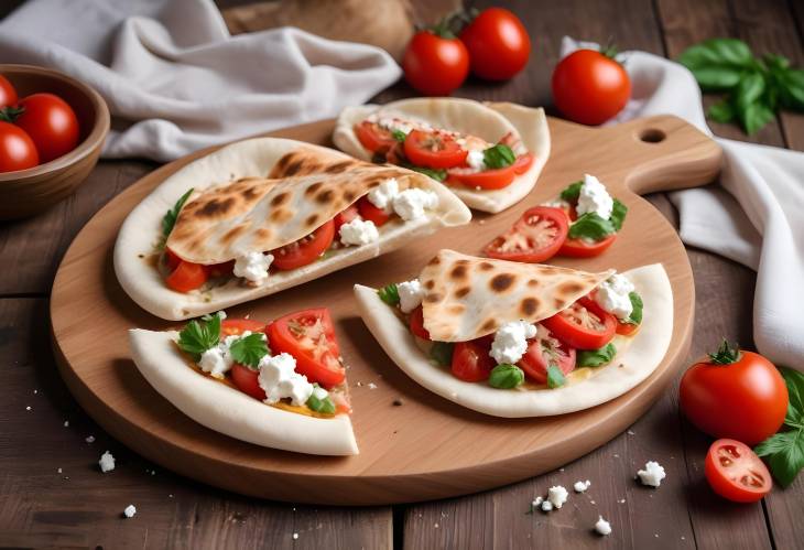 Classic Mediterranean pita bread with feta, tomatoes, and pepper on wooden board, traditional dish