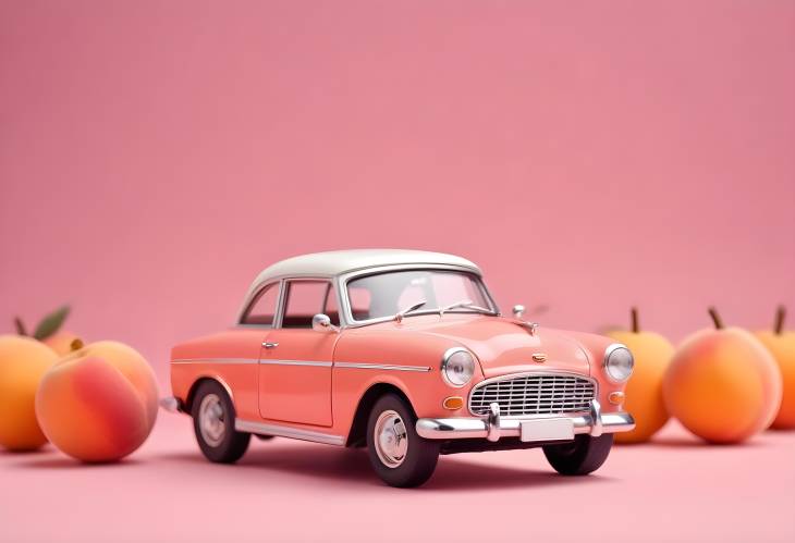 Classic Miniature Retro Toy Car on Pink Peach Background, Side Profile Angle