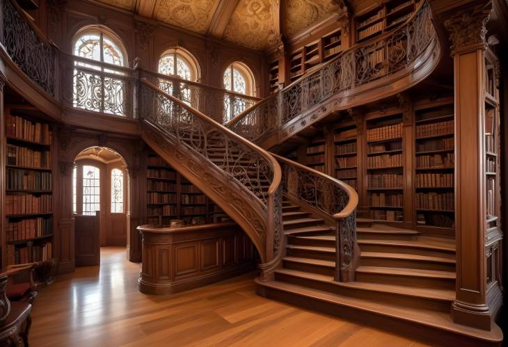 Classic Old World Library with Antique Books, Ornate Wooden Shelves, and Grand Spiral Staircase