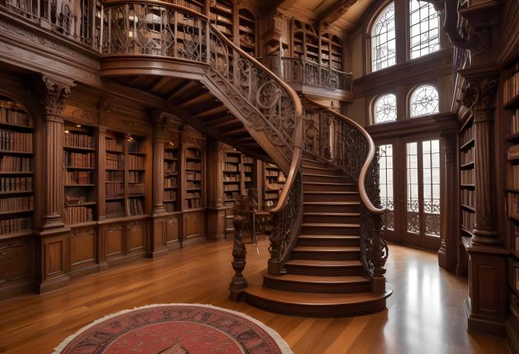 Classic Old World Library with Antique Books, Spiral Staircase, and Ornate Wooden Shelves