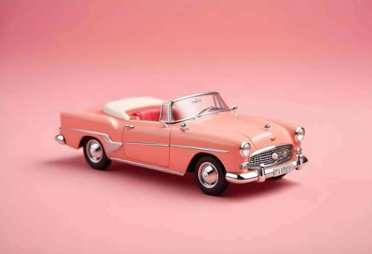 Classic Retro Toy Car Model on Pink Peach Background, Miniature Side View