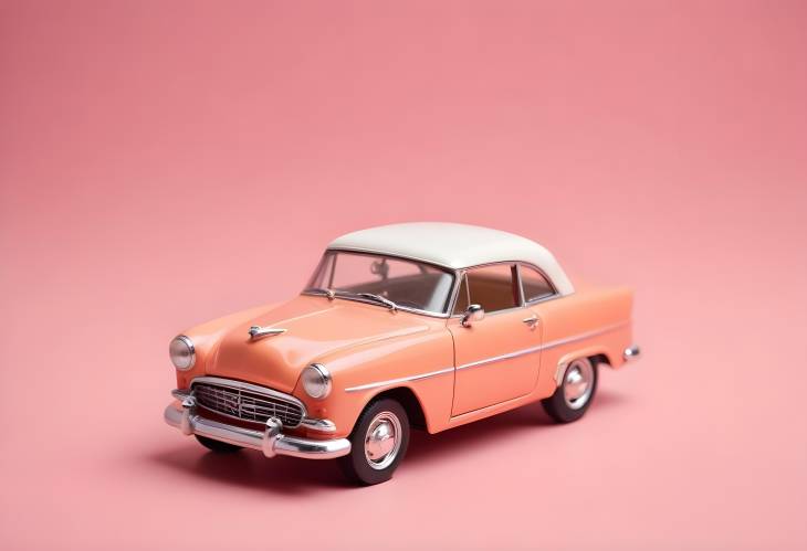 Classic Retro Toy Car on Pink Peach Background, Miniature Side Profile View