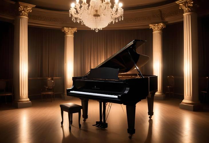 Classic Stage Design with Backstage, Decorative Columns, and an Old Grand Piano Illuminated