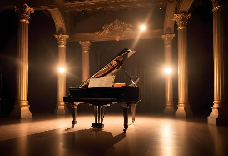 Classic Stage with Backstage, Decorative Columns, and Illuminated Old Grand Piano