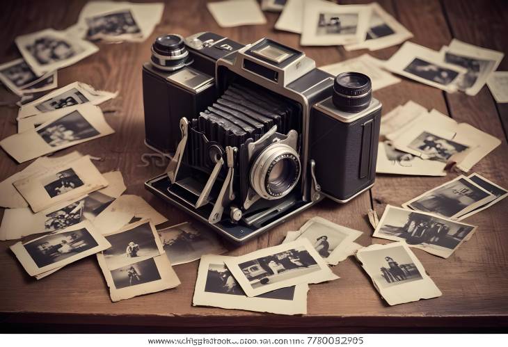 Classic Vintage Camera on a Wooden Table with Surrounding Old Photos