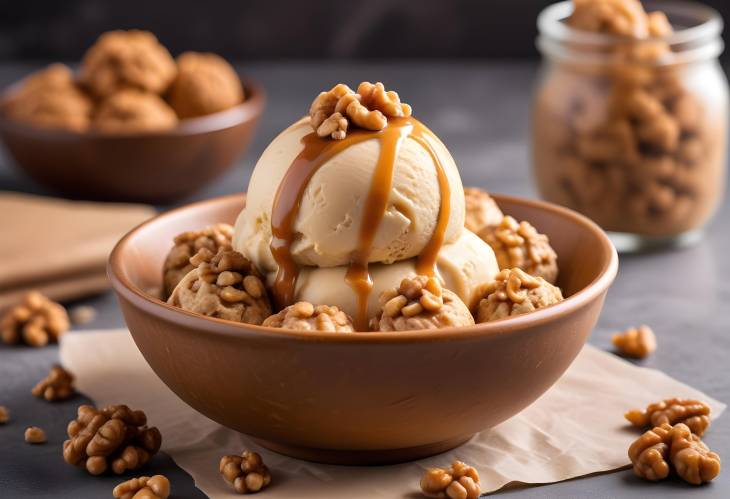 Classic Walnut Caramel Ice Cream  Rich Creamy Dessert with Nutty Walnuts and Sweet Caramel, Front