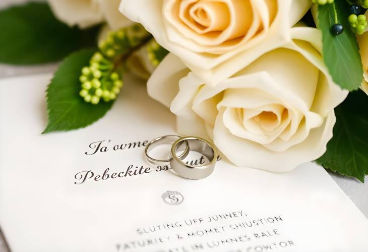 Classic Wedding Rings and White Rose Bouquet on Elegant Invitation