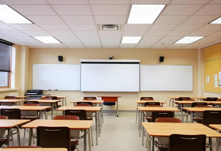 Classroom with desks arranged in rows, creating an orderly and effective learning environment for s