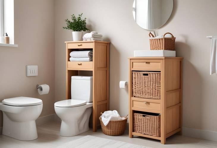 Clean and functional bathroom with drawers, toilet, and laundry basket, offering a practical, tidy