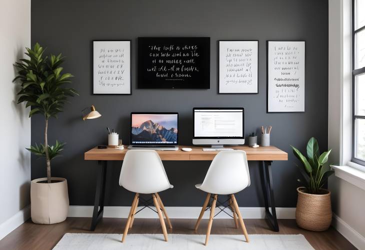 Clean and Modern Minimalist Desk with Laptop and Inspirational Quotes on Wall