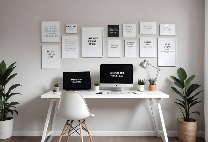 Clean Minimalist Desk with Modern Laptop and Inspirational Quotes Wall Art