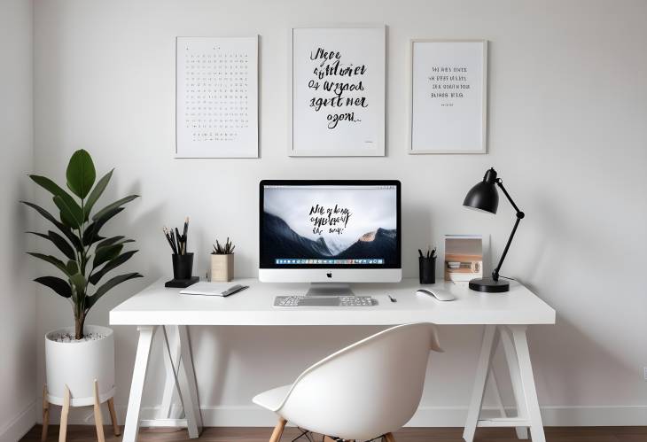 Clean Minimalist Work Desk with Modern Laptop and Inspirational Quotes for Efficient Workspace