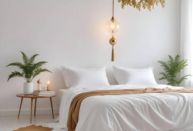 Clean Modern Bedroom with Bulb Lamp on Rope, White Bedding, Books, and Gold Fern Leaf on End Table