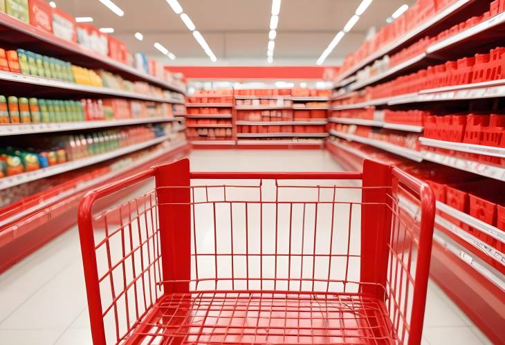 Clean Supermarket Interior with Empty Red Shopping Cart and Organized Shelves