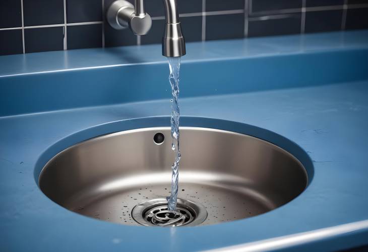 Clean Water Streaming into Stainless Steel Sink Close Up of Plug Hole in Blue Tones