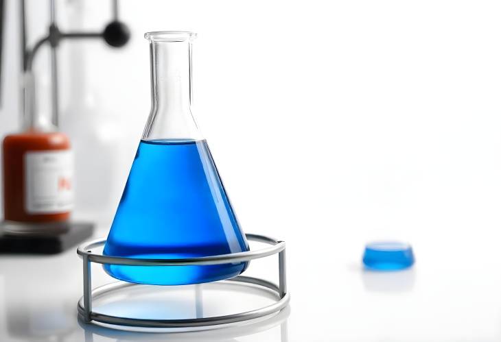 Clean White Background with Blue Liquid in Conical Flask on Stand Science Equipment