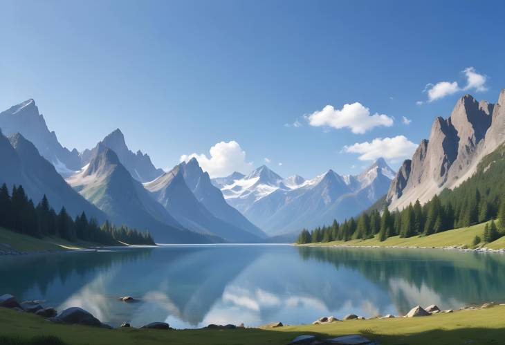 Clear Blue Sky Over a Serene Mountain Landscape with Majestic Peaks and a Tranquil Natural Setting