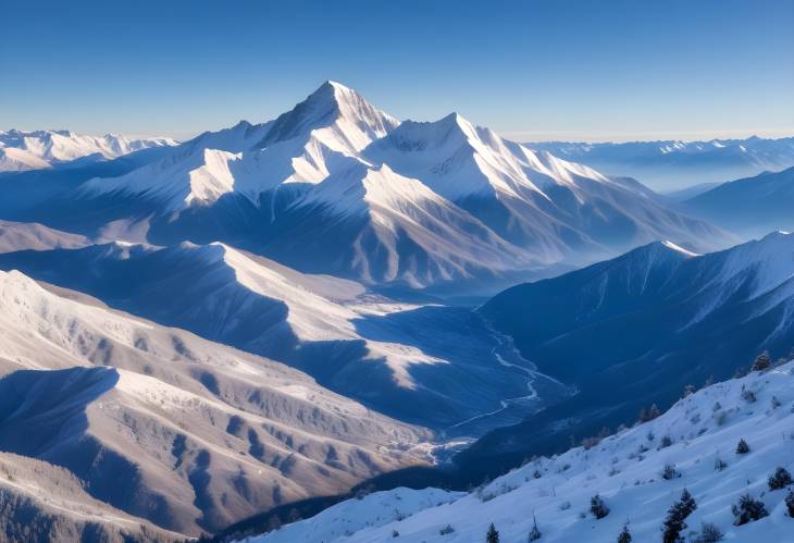 Clear Blue Sky Over Snowy Mountain Range