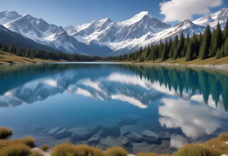 Clear Lake at Base of Snow Capped Mountain Range