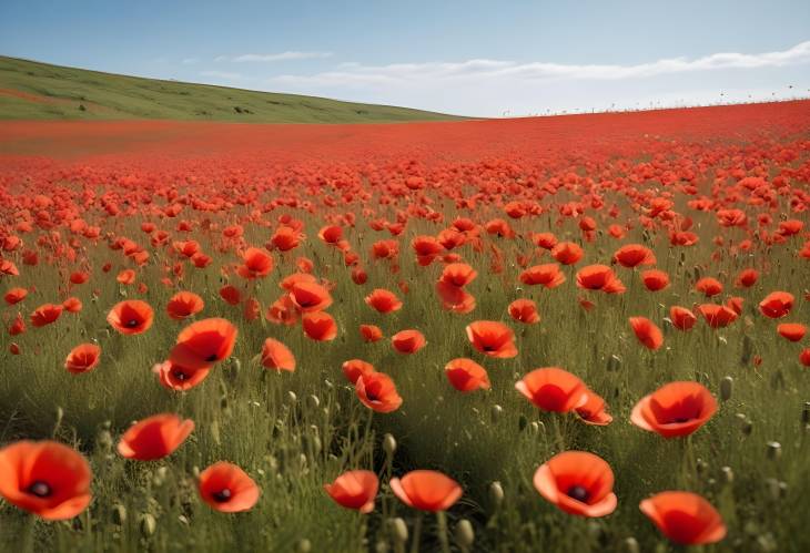 Clear Sky Over a Vibrant Sunlit Field of Red Poppies Gently Swaying in the Breeze