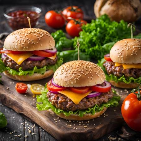 Close Up Burger Perfection Homemade Hamburger with Fresh Vegetables