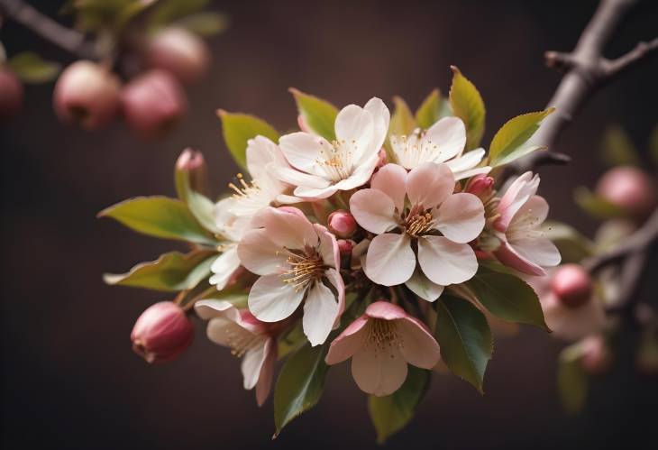 Close Up Macro of Apple Blossom with Warm Vintage Tones on Dark Brown Background