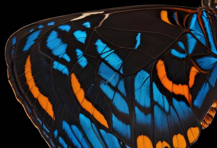 Close Up Macro of Blue and Orange Butterfly Wing with Black Background