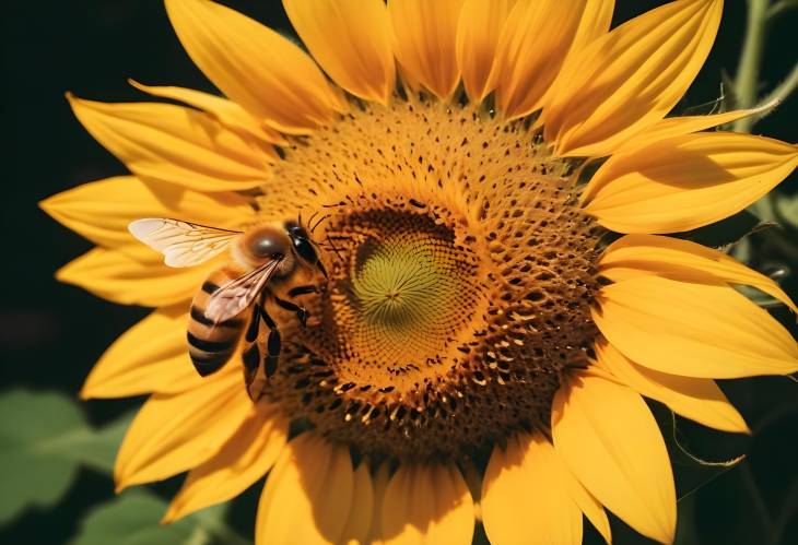 Close Up of a Honeybee on a Sunflower in Bloom Detailed View of Pollination and Vibrant Petals