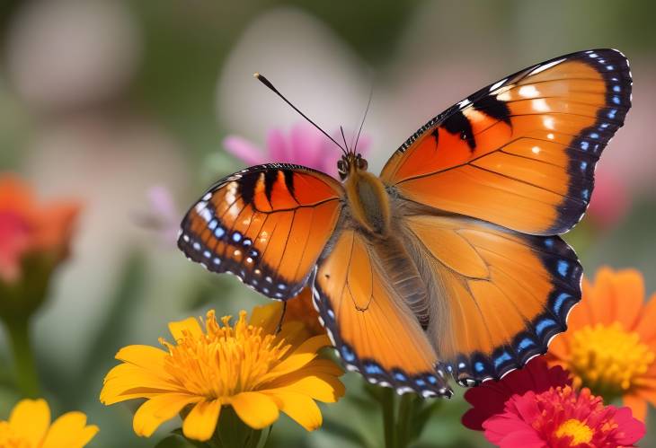 Close Up of a Vibrant Butterfly on a Bright Flower Delicate Wings and Colorful Display