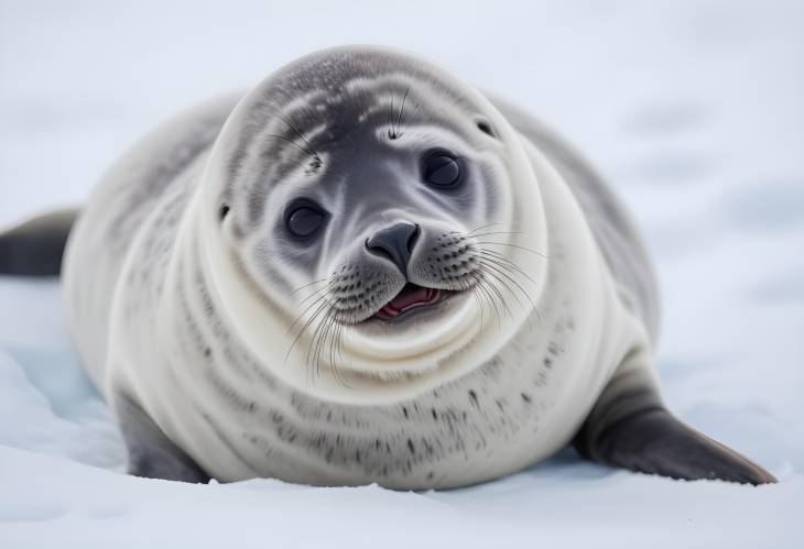 Close Up of Adorable Baby Weddell Seal on Antarctica Snow Yawning Pup in Icy Landscape