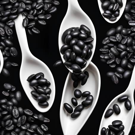 Close Up of Black Beans in White Ceramic Spoon on Black Background Food Photography