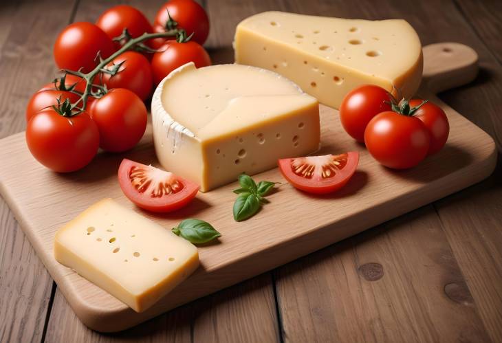 Close Up of Cheese and Fresh Tomatoes on Wooden Desk  Rustic Food Photography