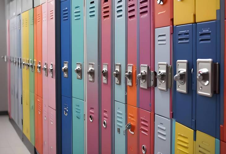 Close Up of Colorful Lockers with Handles Excellent for Modern School and Office Storage Photography