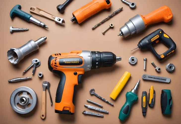 Close Up of Cordless Drill and Monkey Spanner with Various Tools Arranged Neatly on a Work Surface