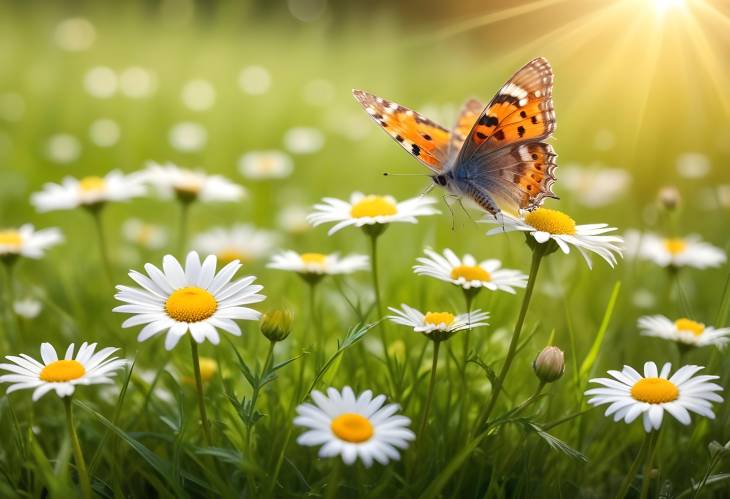 Close Up of Daisies and Butterfly in Meadow with Sunlight