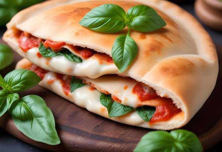 Close Up of Delicious Pizza Calzone Garnished with Fresh Basil