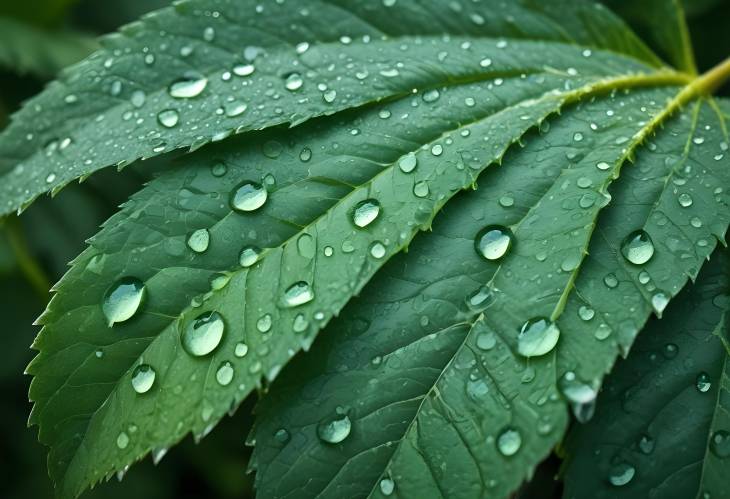 Close Up of Dew Drops on Green Leaf Surface