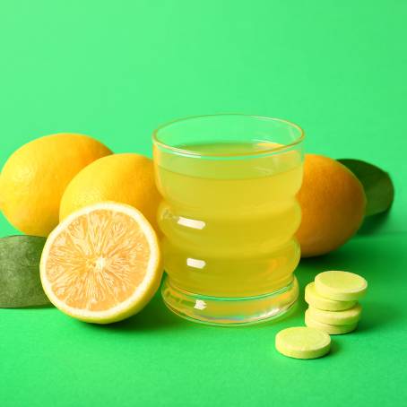 Close Up of Dissolving Orange Vitamin C in Water with Blue Background